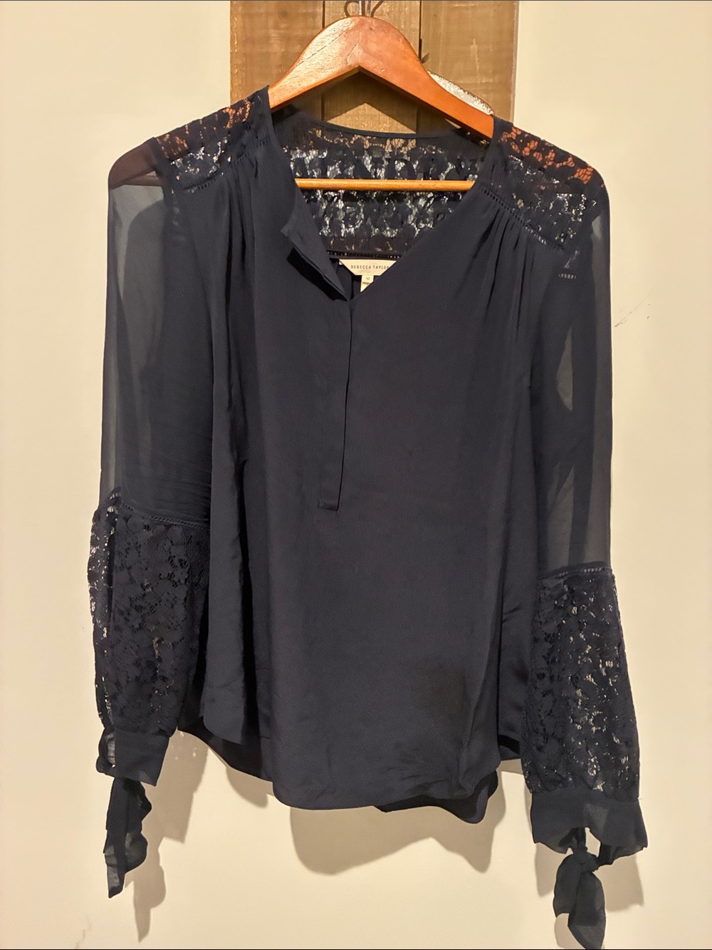 Rebecca Taylor Navy Lace-Inset Sheer Sleeve Blouse